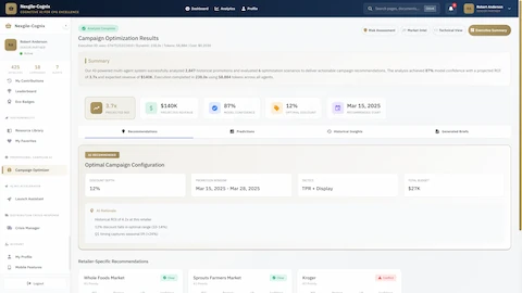 Campaign Optimization Results - AI-generated recommendations with 3.7x projected ROI, $540K revenue, and optimal configuration